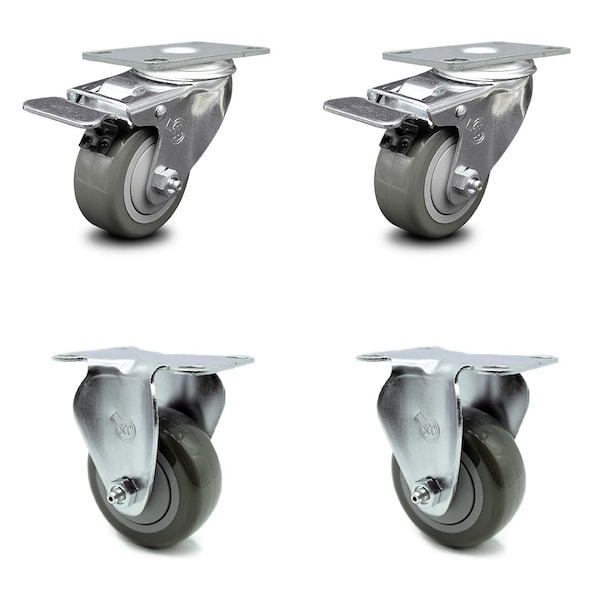 3.5 Inch Gray Polyurethane Swivel Top Plate Caster Lock Brake 2 Rigid SCC, 2PK